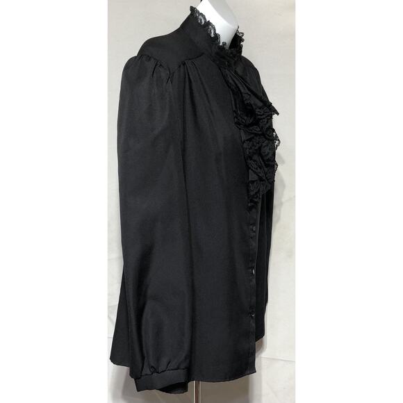 Vintage 70s Blouse Top XL Ruffle Lace Collar Blk ILGWU Victorian Prairie Gothic - Picture 4 of 9